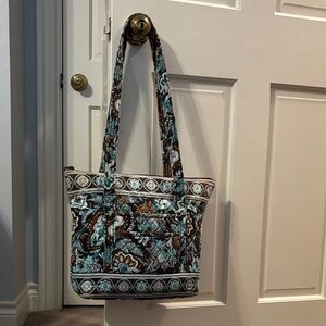 Vera Bradley Java Blue Villager Tote Quilted Brown and Aqua
